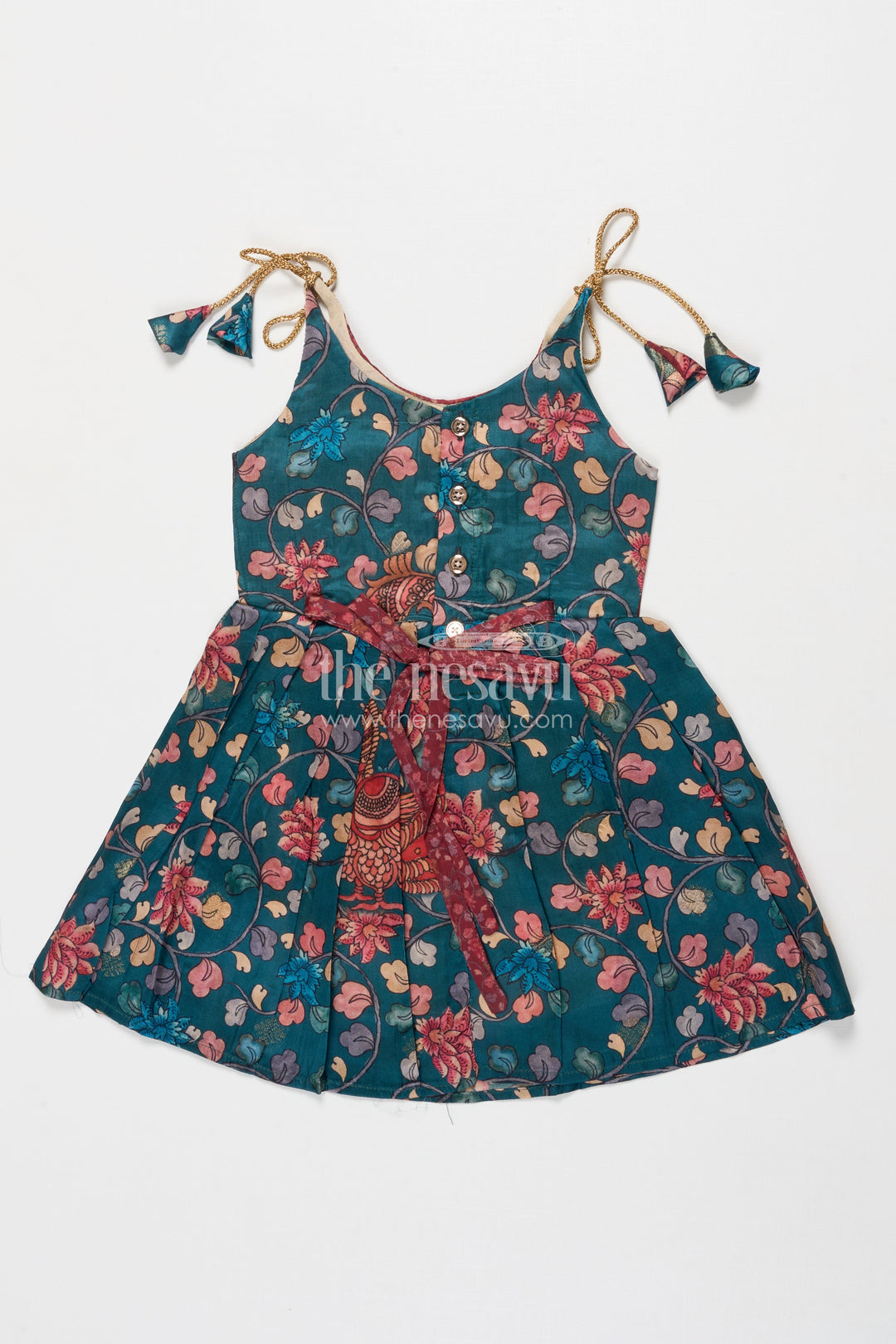 The Nesavu Tie-up Frock Tie-up Frock for Baby Girls with Digital Print for Weddings and Festive Events Nesavu Nesavu baby girl tie-up silk frock with peacock and floral digital print – perfect for weddings and festive wear