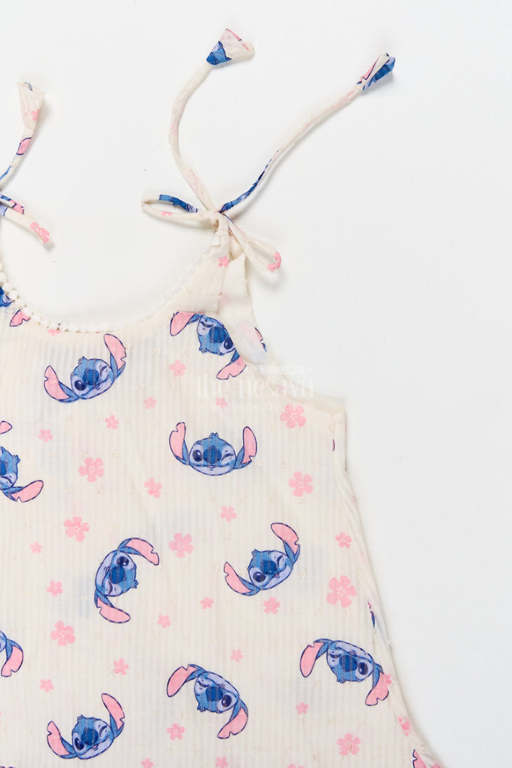 The Nesavu Tie-up Frock Tie-up Shoulder Frock for Toddler Girls with Playful Cartoon Print Nesavu 18 (2Y) / Half white / Georgette T423A-18 Nesavu georgette tie-up frock for toddler girls with cartoon print and flared fit