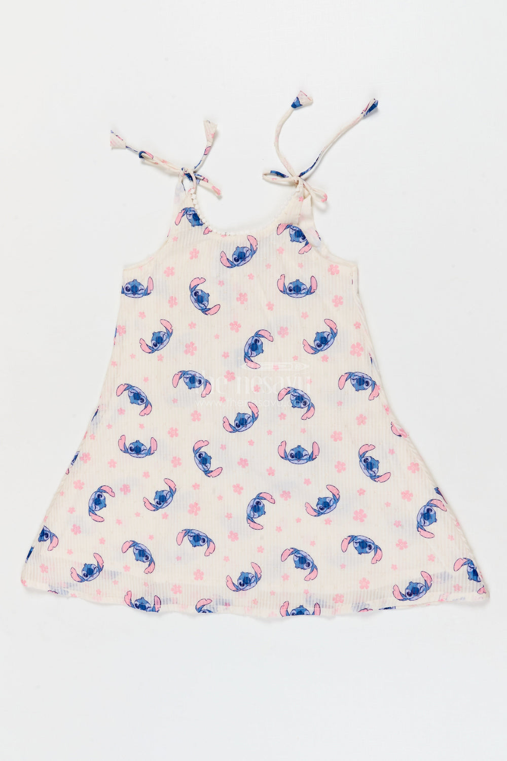 The Nesavu Tie-up Frock Tie-up Shoulder Frock for Toddler Girls with Playful Cartoon Print Nesavu 18 (2Y) / Half white / Georgette T423A-18 Nesavu georgette tie-up frock for toddler girls with cartoon print and flared fit