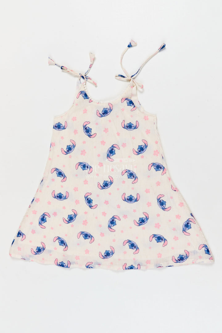 The Nesavu Tie-up Frock Tie-up Shoulder Frock for Toddler Girls with Playful Cartoon Print Nesavu 18 (2Y) / Half white / Georgette T423A-18 Nesavu georgette tie-up frock for toddler girls with cartoon print and flared fit