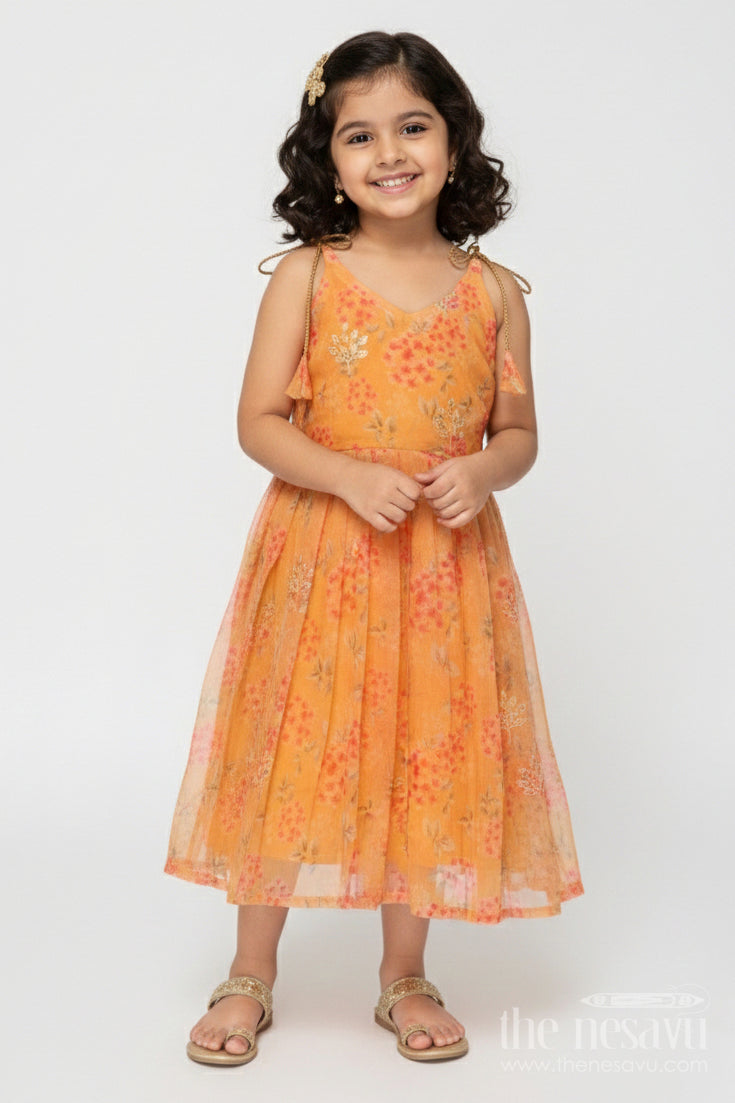 The Nesavu Tie-up Frock Tie-up Silk Frock for Baby Girls for Ethnic Day and Festive Playwear Nesavu 18 (2Y) / Yellow T417A-18 Nesavu semi Banaras tie-up silk frock with floral digital print – great for ethnic day and casual celebrations