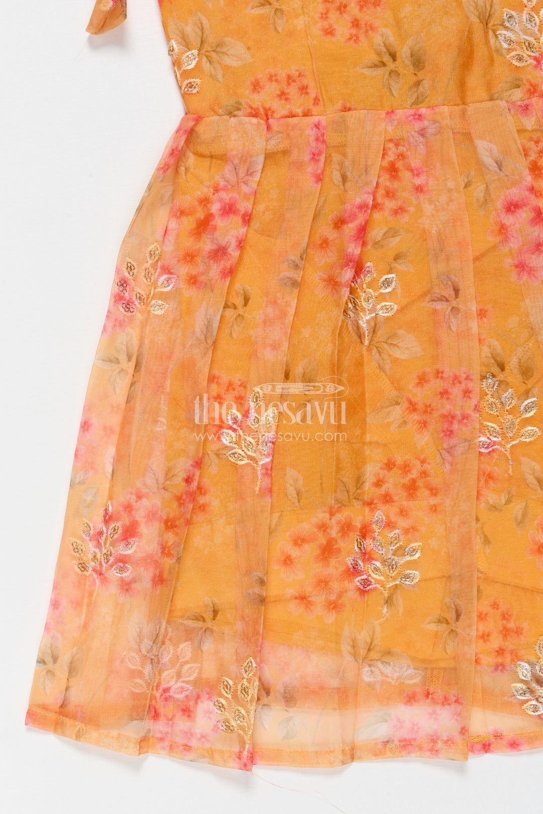 The Nesavu Tie-up Frock Tie-up Silk Frock for Baby Girls for Ethnic Day and Festive Playwear Nesavu Nesavu semi Banaras tie-up silk frock with floral digital print – great for ethnic day and casual celebrations