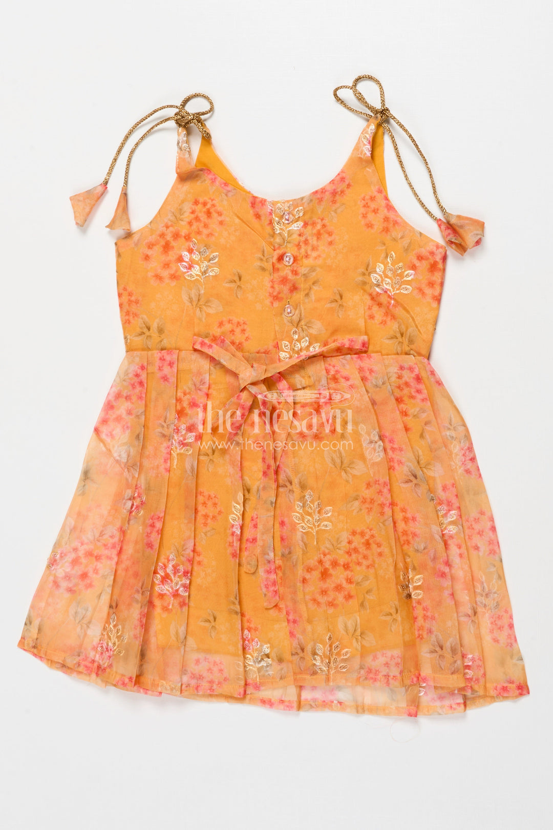 The Nesavu Tie-up Frock Tie-up Silk Frock for Baby Girls for Ethnic Day and Festive Playwear Nesavu Nesavu semi Banaras tie-up silk frock with floral digital print – great for ethnic day and casual celebrations