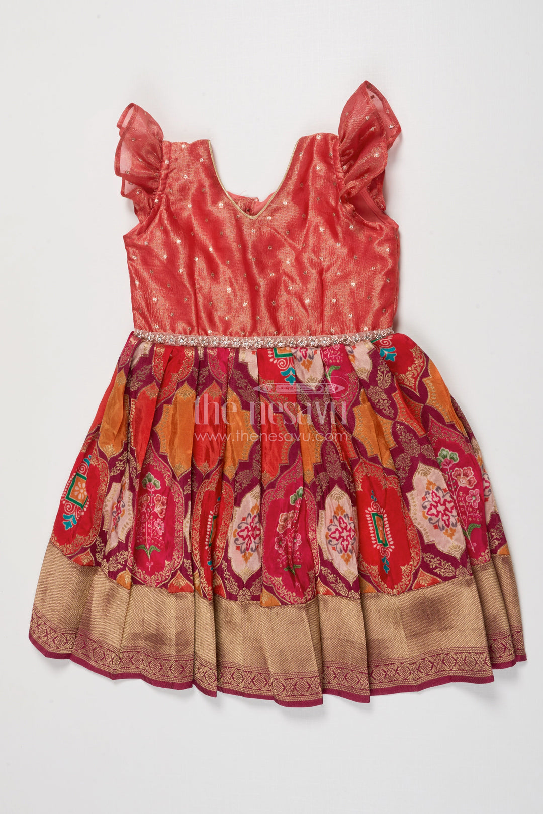 The Nesavu Silk Frock Tissue Yoke Silk Frock for Toddler Girls for Poojas and Traditional Celebrations Nesavu 20 (3Y) / Red SF1090A-20 Nesavu tissue yoke silk frock for toddler girls with zari border for traditional poojas and functions