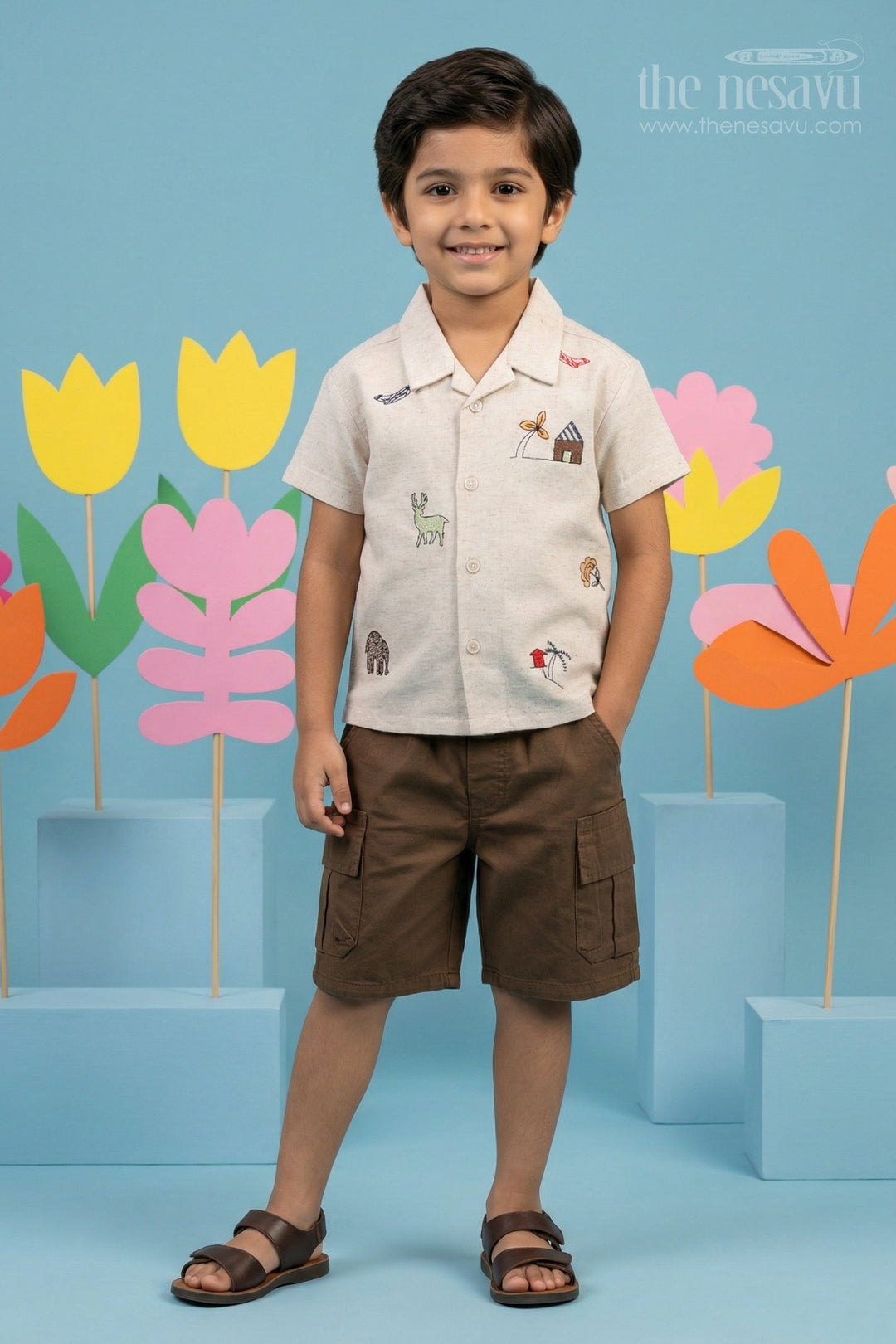 The Nesavu Boys Casual Set Toddler Boy Casual Outfit Set for Everyday Play Nesavu 14 (6M) / Half white / Cotton BCS572A-14 Nesavu toddler boy cotton casual outfit set for everyday play and outings with digital print shirt and cargo shorts