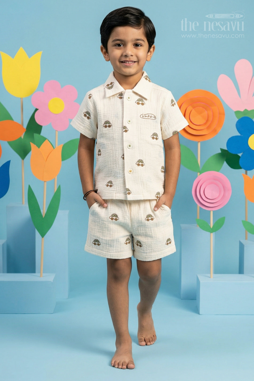 The Nesavu Boys Casual Set Toddler Boy Casual Outfit Set for Summer Play and Daily Wear Nesavu 10 (NB) / Half white / Muslin Cotton BCS574B-10 Nesavu toddler boy muslin cotton casual outfit set for everyday play and summer outings with digital print shirt