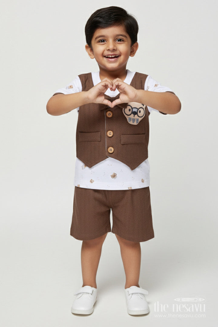 The Nesavu Boys Casual Set Toddler Boy Collared Cotton Outfit for Festive Days and Casual Gatherings Nesavu 14 (6M) / Brown BCS536B-14 Nesavu toddler boy cotton shirt shorts set contrast collar festive family events