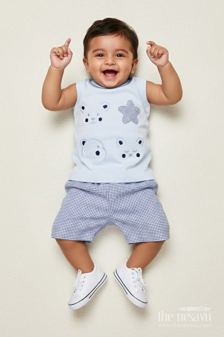 The Nesavu Boys Casual Set Toddler Boy Cotton Casual Set for Outings and Everyday Comfort Nesavu 14 (6M) / Blue BCS533A-14 Nesavu toddler boy embroidered shirt cotton shorts set daily wear outings