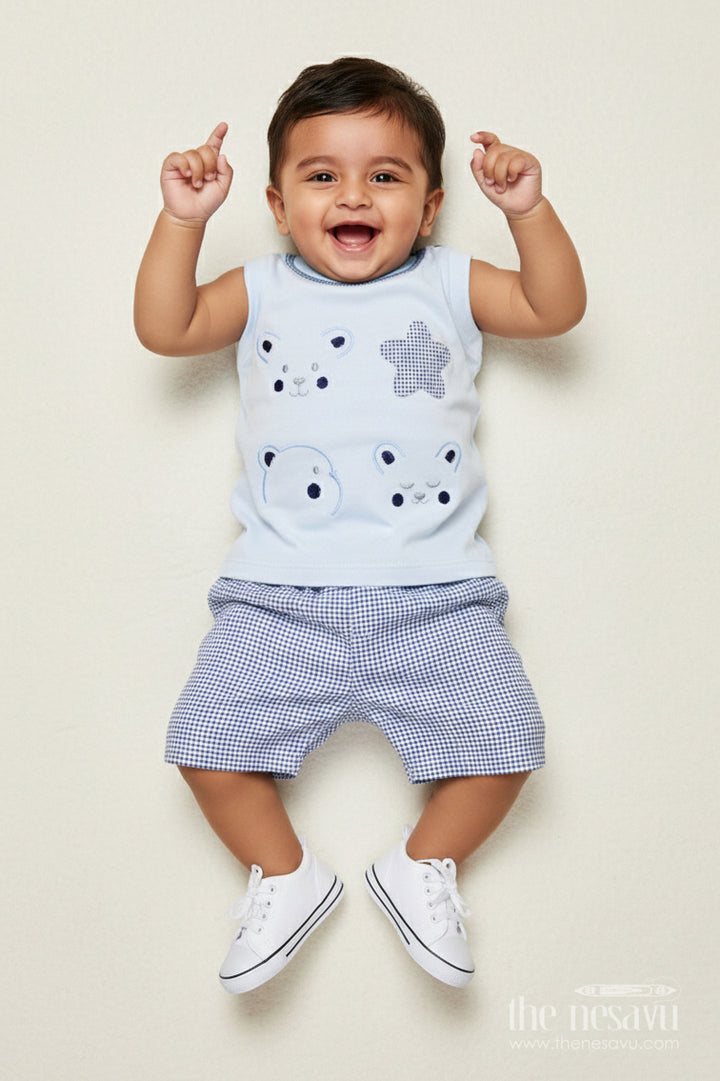 The Nesavu Boys Casual Set Toddler Boy Cotton Casual Set for Outings and Everyday Comfort Nesavu 14 (6M) / Blue BCS533A-14 Nesavu toddler boy embroidered shirt cotton shorts set daily wear outings