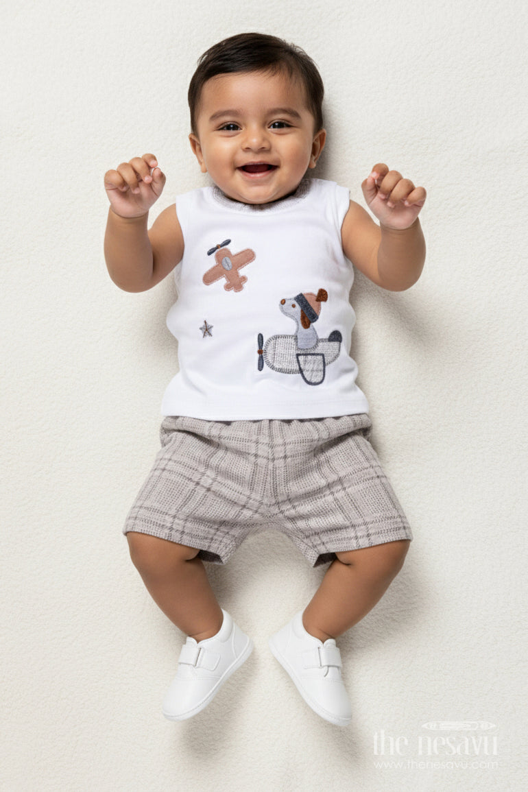 The Nesavu Boys Casual Set Toddler Boy Cotton Co-ord Set for Playful Daytime Dressing Nesavu 14 (6M) / Gray BCS534A-14 Nesavu toddler boy cotton outfit set printed top shorts active everyday wear