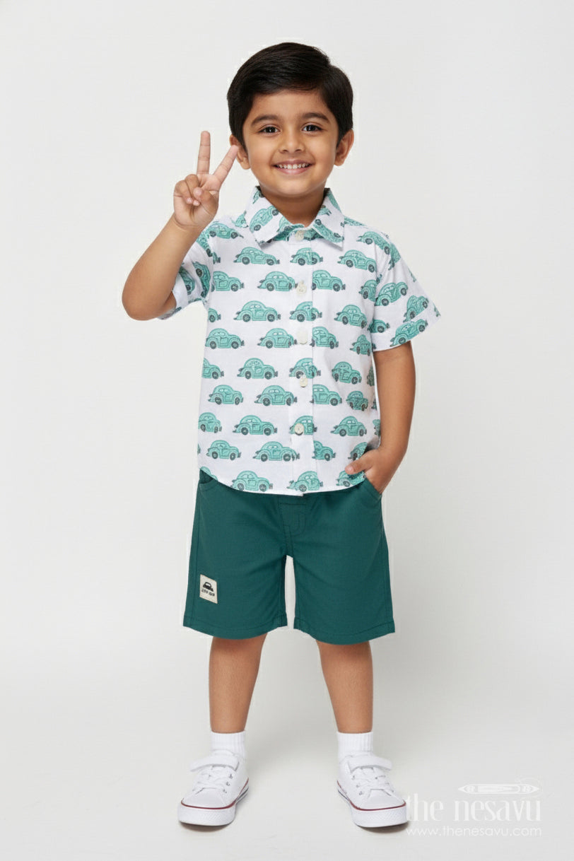 The Nesavu Boys Casual Set Toddler Boy Cotton Outfit Set for Everyday Wear and Playdates Nesavu 12 (3M) / Green BCS540A-12 Nesavu toddler boy cotton outfit printed shirt shorts casual everyday wear