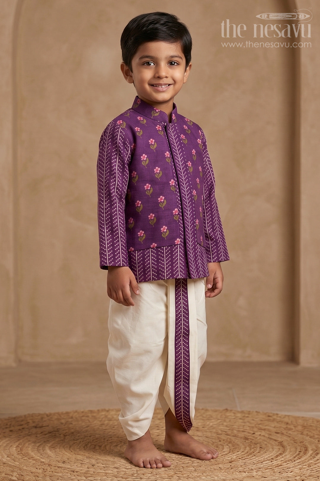 The Nesavu Boys Dothi Set Toddler Boy Dhoti Set for Festivals and Cultural Celebrations Nesavu 14 (6M) / Purple / Viscose BES1006B-14 Nesavu Toddler Boy Dhoti Set For Festivals With Digital Print Top And Comfortable Traditional Outfit