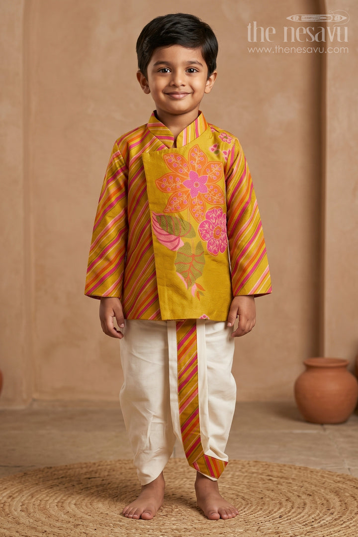 The Nesavu Boys Dothi Set Toddler Boy Dhoti Set for Festivals and Cultural Functions Nesavu 10 (NB) / Yellow / Viscose BES1007B-10 Nesavu Toddler Boy Dhoti Set For Festivals With Digital Print Top And Comfortable Ethnic Outfit