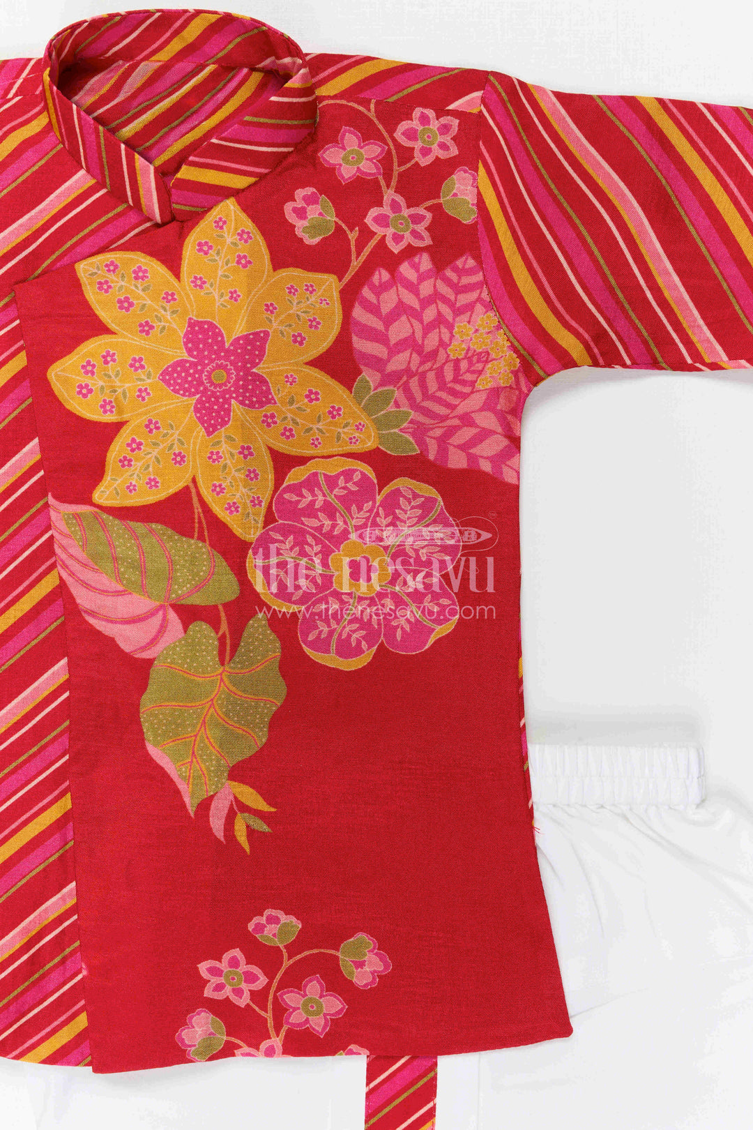 The Nesavu Boys Dothi Set Toddler Boy Dhoti Set for Festive Gatherings and Cultural Events Nesavu Nesavu Toddler Boy Dhoti Set For Festive Gatherings With Floral Digital Print Top And Comfortable Ethnic Wear