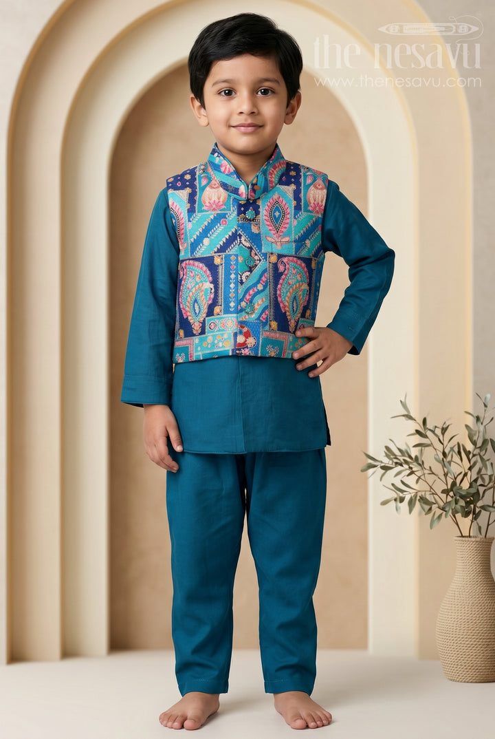 The Nesavu Boys Jacket Sets Toddler Boy Jacket Set for Festive Functions and Ethnic Parties Nesavu 12 (3M) / Green / Viscose BES1025B-12 Nesavu Toddler Boy Festive Jacket Set With Designer Printed Jacket For Weddings And Family Functions