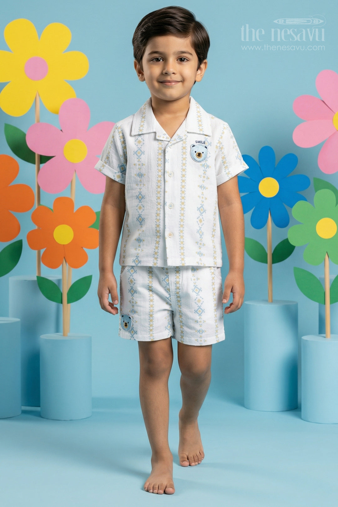 The Nesavu Boys Casual Set Toddler Boy Summer Outfit Set for Playdates and Casual Outings Nesavu 10 (NB) / Half white / Muslin Cotton BCS573A-10 Nesavu toddler boy muslin cotton casual outfit set for summer playdates and outings with digital print shirt