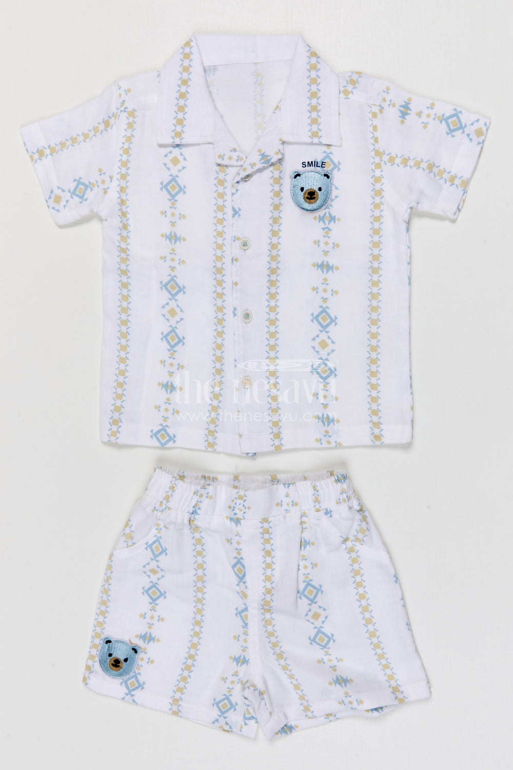 The Nesavu Boys Casual Set Toddler Boy Summer Outfit Set for Playdates and Casual Outings Nesavu Nesavu toddler boy muslin cotton casual outfit set for summer playdates and outings with digital print shirt