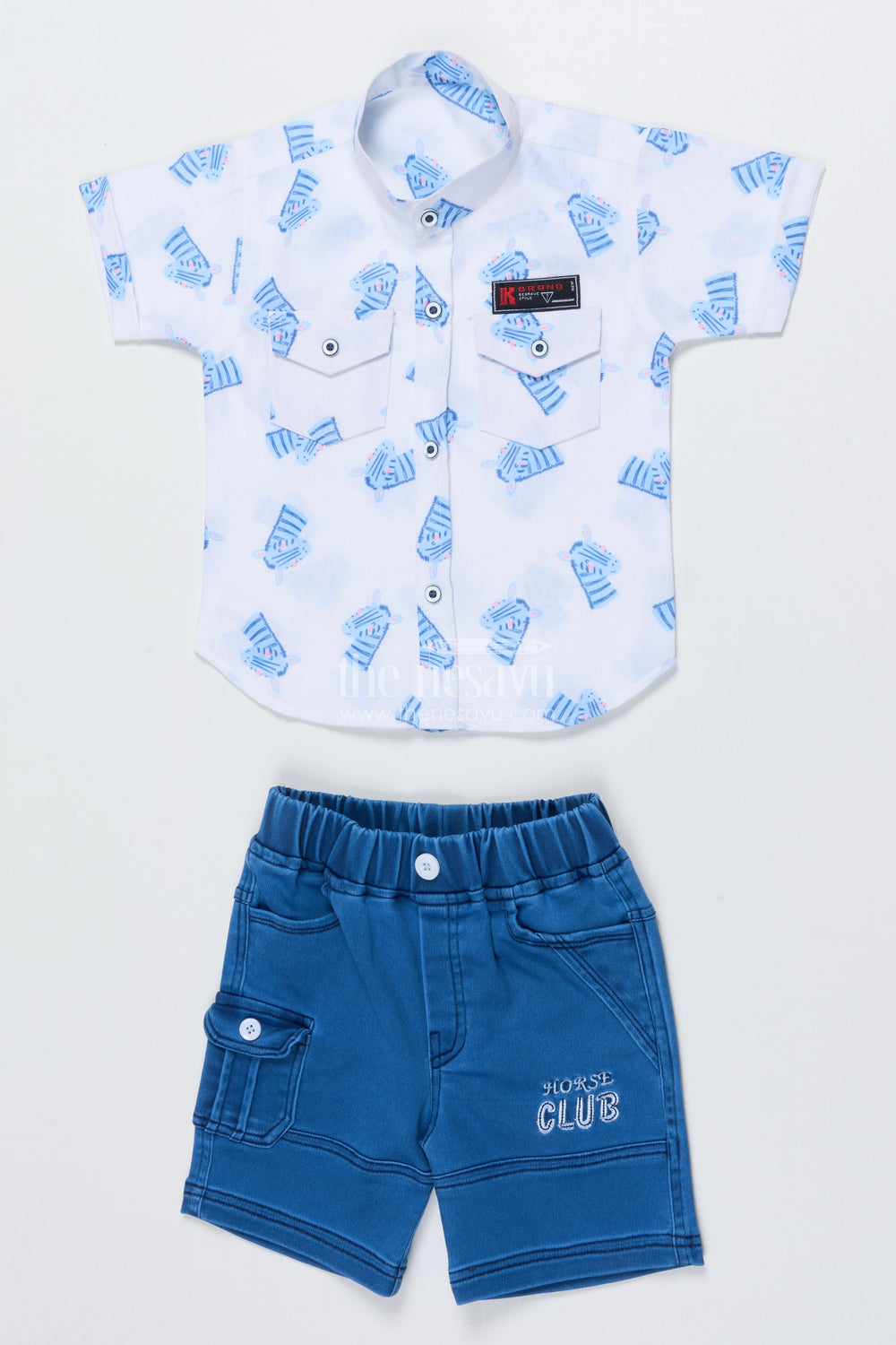The Nesavu Boys Casual Set Toddler Boys Animal Print Casual Set for Summer Park Outings Nesavu 14 (6M) / White BCS500B-14 Nesavu toddler boys animal print cotton casual set summer outings playful days
