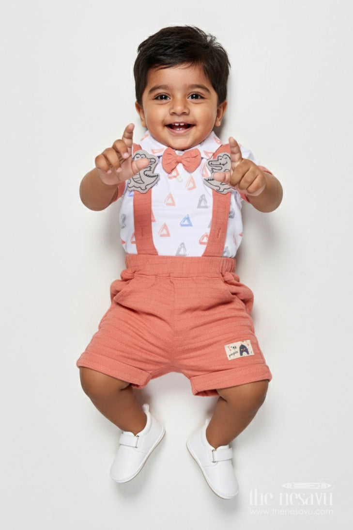 The Nesavu Boys Casual Set Toddler Boys Casual Cotton Outfit with Printed Tee and Shorts Nesavu 14 (6M) / Peach BCS537B-14 Nesavu toddler boys printed cotton t-shirt shorts outfit everyday comfort active play