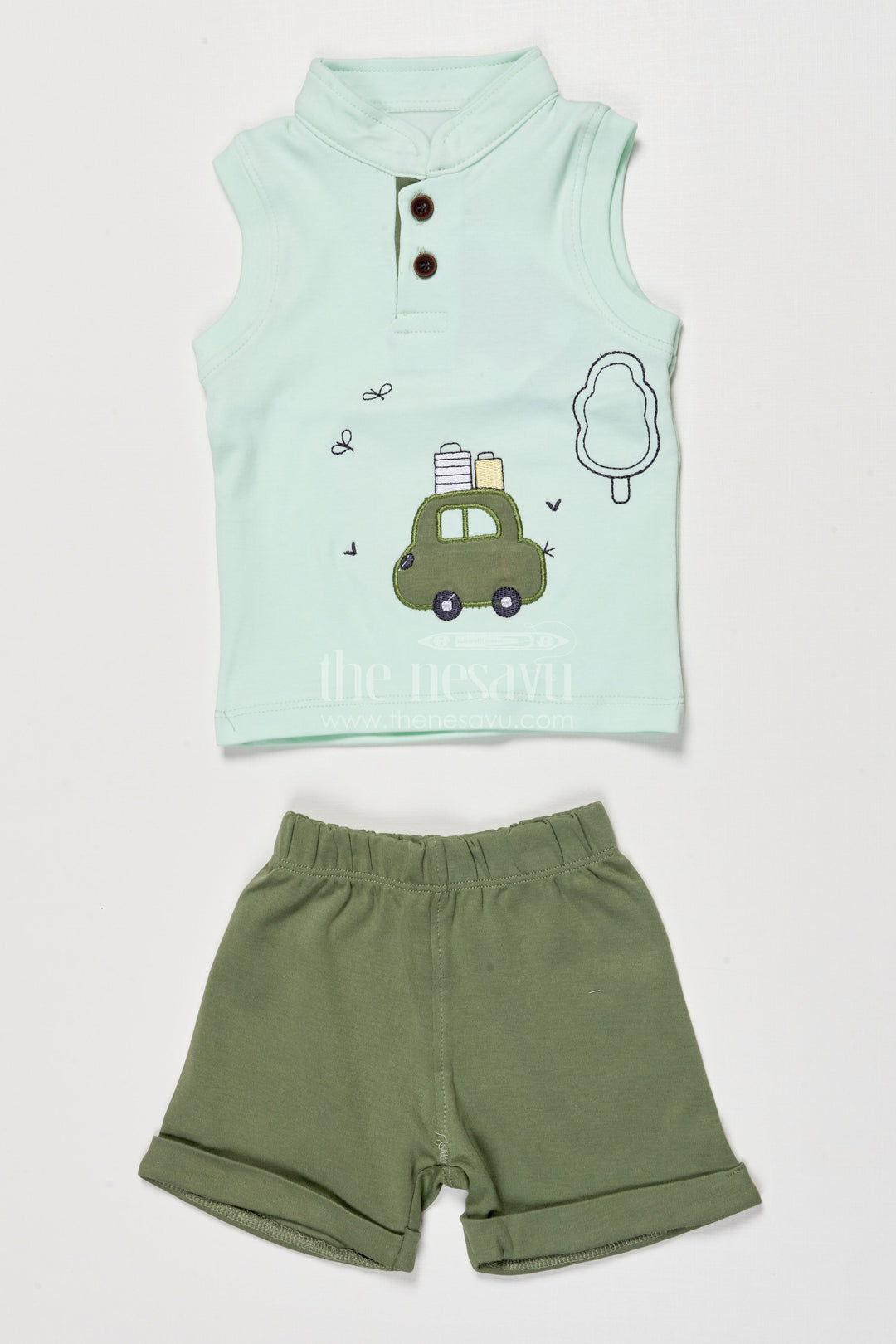 The Nesavu Boys Casual Set Toddler Boys Casual Cotton Set with Embroidery for Everyday Wear Nesavu 14 (6M) / Green BCS510B-14 Nesavu toddler boys embroidered cotton shirt shorts set daily casual dressing