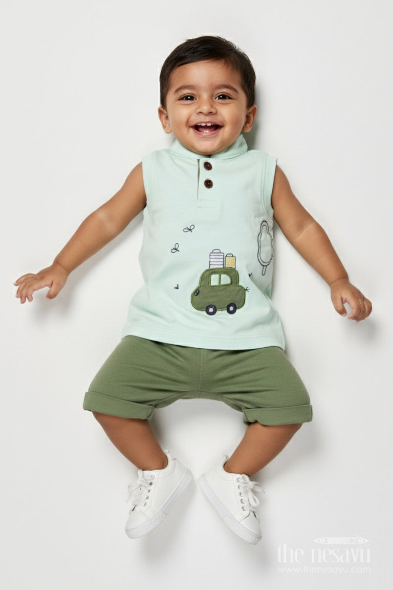 The Nesavu Boys Casual Set Toddler Boys Casual Cotton Set with Embroidery for Everyday Wear Nesavu 14 (6M) / Green BCS510B-14 Nesavu toddler boys embroidered cotton shirt shorts set daily casual dressing