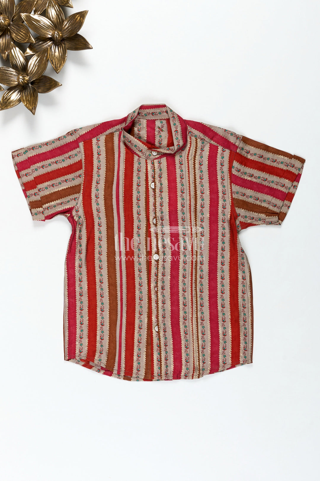 The Nesavu Boys Cotton Shirt Toddler Boys Casual Ethnic Wear Shirt in Warm Stripes with Floral Digital Motifs On Chanderi Fabric Nesavu 16 (1Y) / Pink BS266A-16 Nesavu Toddler Boys Chanderi Shirt Floral Stripe Digital Print Ethnic Events
