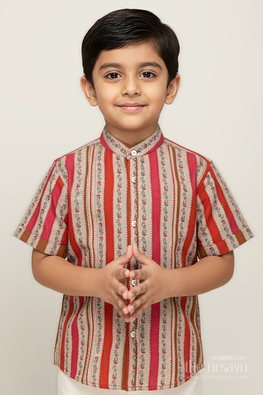 The Nesavu Boys Cotton Shirt Toddler Boys Casual Ethnic Wear Shirt in Warm Stripes with Floral Digital Motifs On Chanderi Fabric Nesavu 16 (1Y) / Pink BS266A-16 Nesavu Toddler Boys Chanderi Shirt Floral Stripe Digital Print Ethnic Events