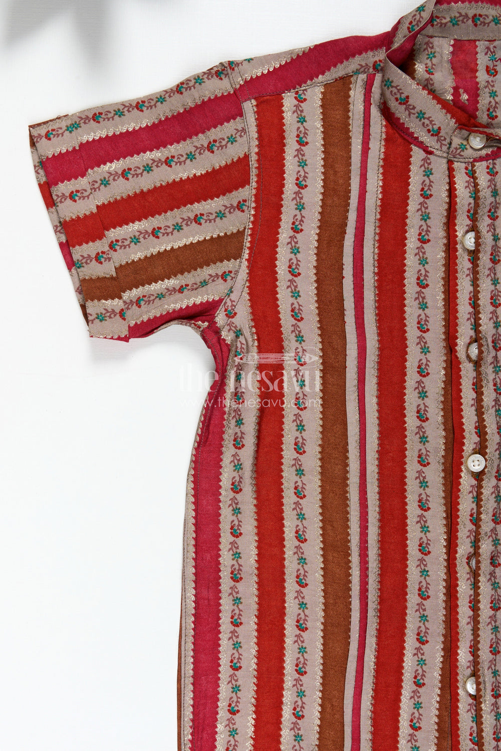 The Nesavu Boys Cotton Shirt Toddler Boys Casual Ethnic Wear Shirt in Warm Stripes with Floral Digital Motifs On Chanderi Fabric Nesavu Nesavu Toddler Boys Chanderi Shirt Floral Stripe Digital Print Ethnic Events