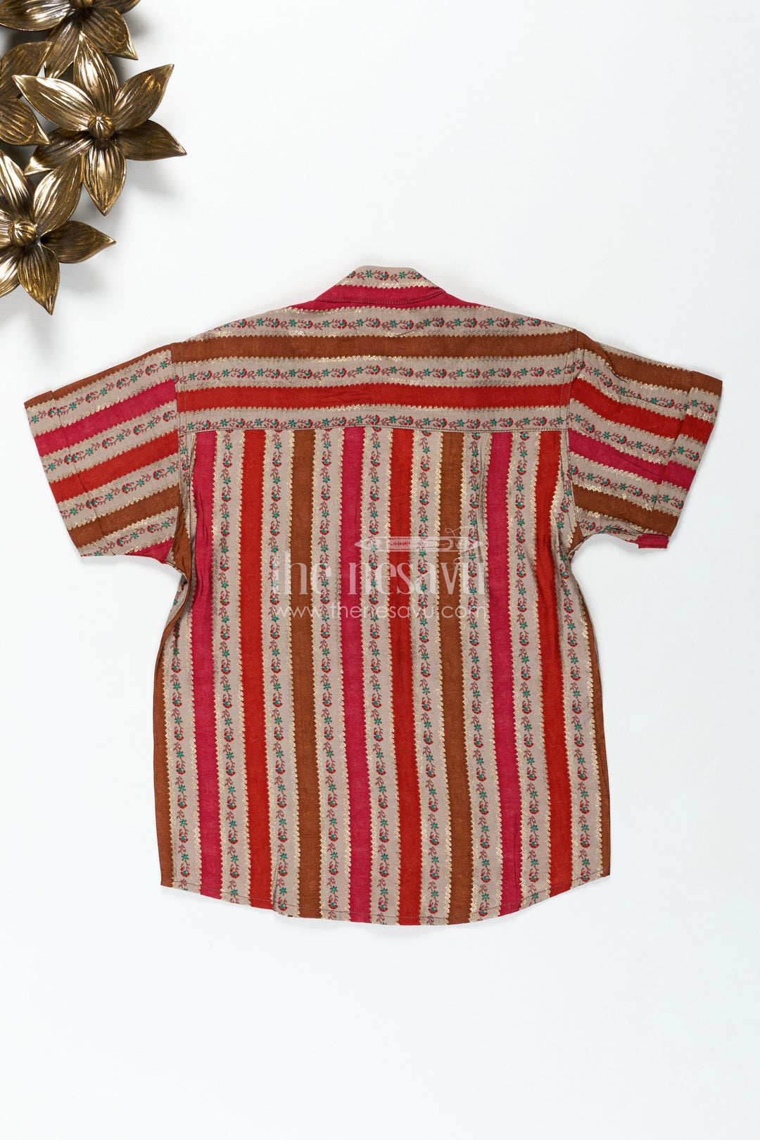 The Nesavu Boys Cotton Shirt Toddler Boys Casual Ethnic Wear Shirt in Warm Stripes with Floral Digital Motifs On Chanderi Fabric Nesavu Nesavu Toddler Boys Chanderi Shirt Floral Stripe Digital Print Ethnic Events