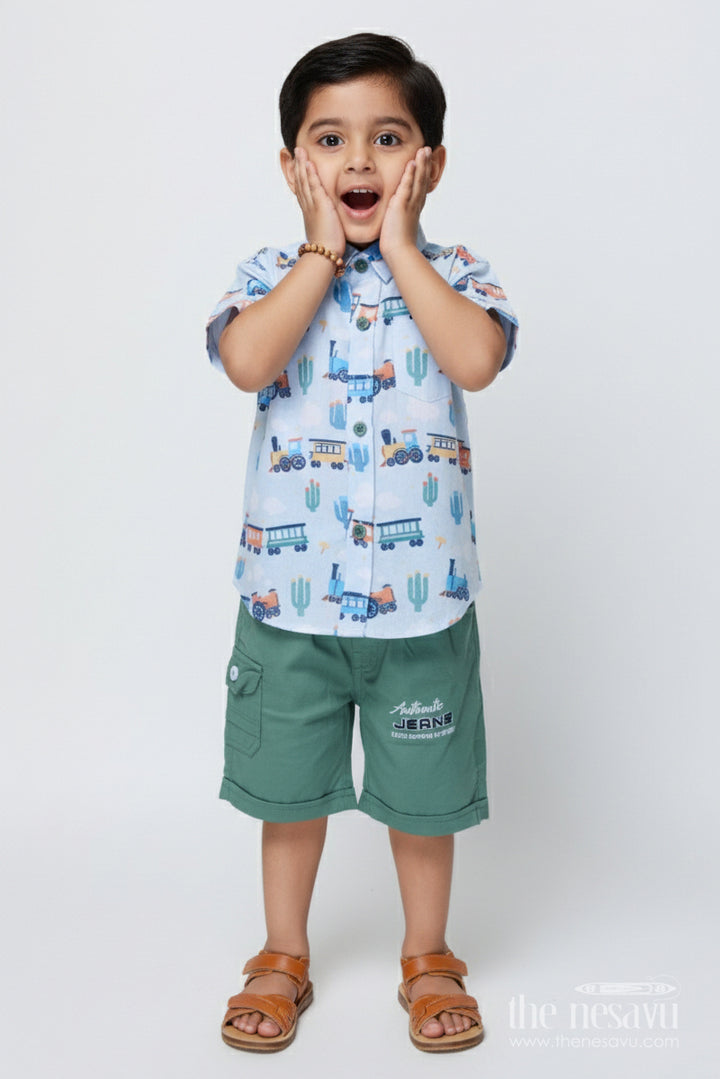 The Nesavu Boys Casual Set Toddler Boys Casual Set with Digital Print for Travel and Daycare Wear Nesavu 14 (6M) / Blue BCS499B-14 Nesavu toddler boys printed cotton casual set daycare playtime everyday fun