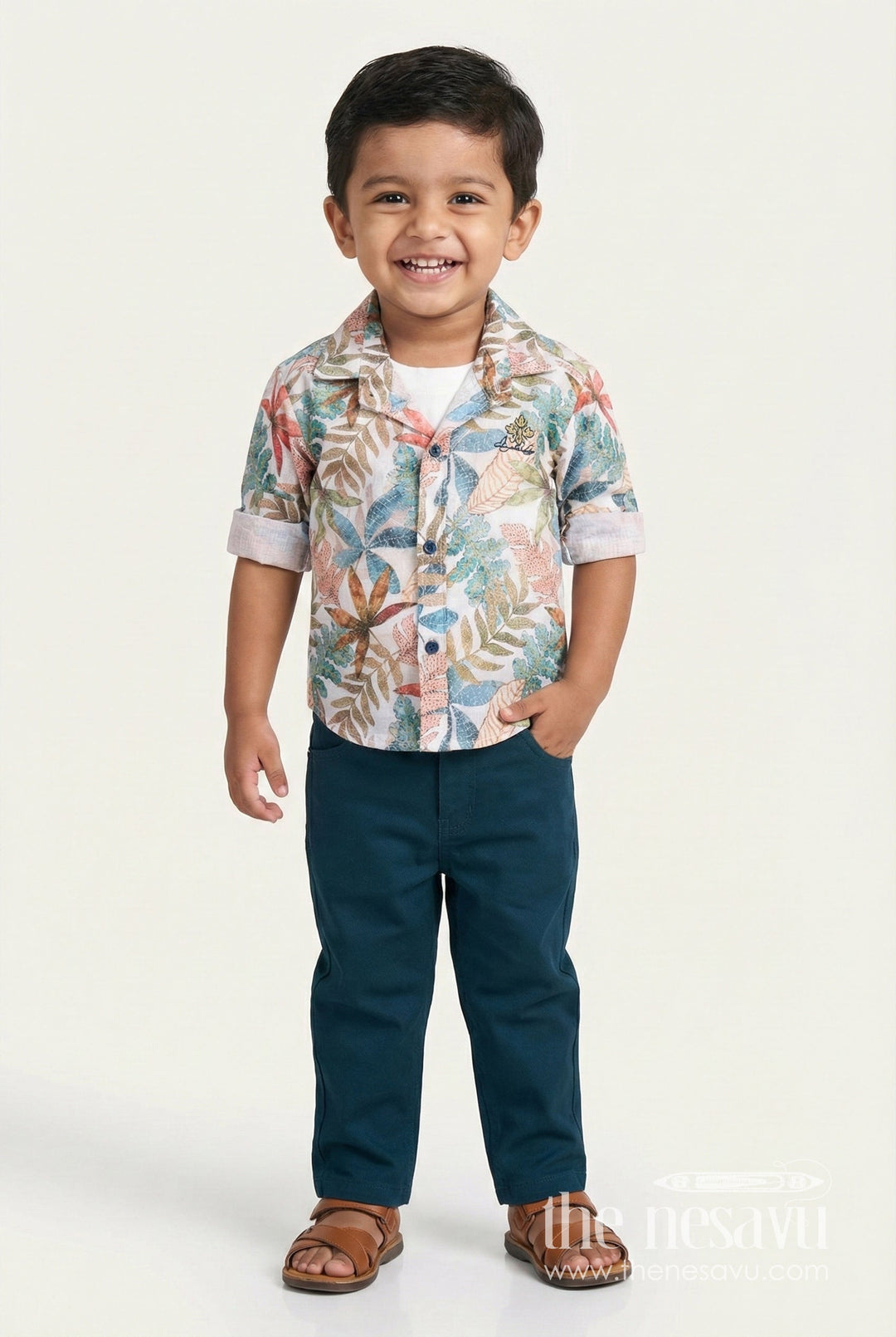 The Nesavu Boys Casual Set Toddler Boys Casual Set with Printed Shirt and T-Shirt Combo Nesavu 16 (1Y) / Blue BCS470A-16 Nesavu toddler boys casual outfit printed cotton shirt t-shirt set daily wear