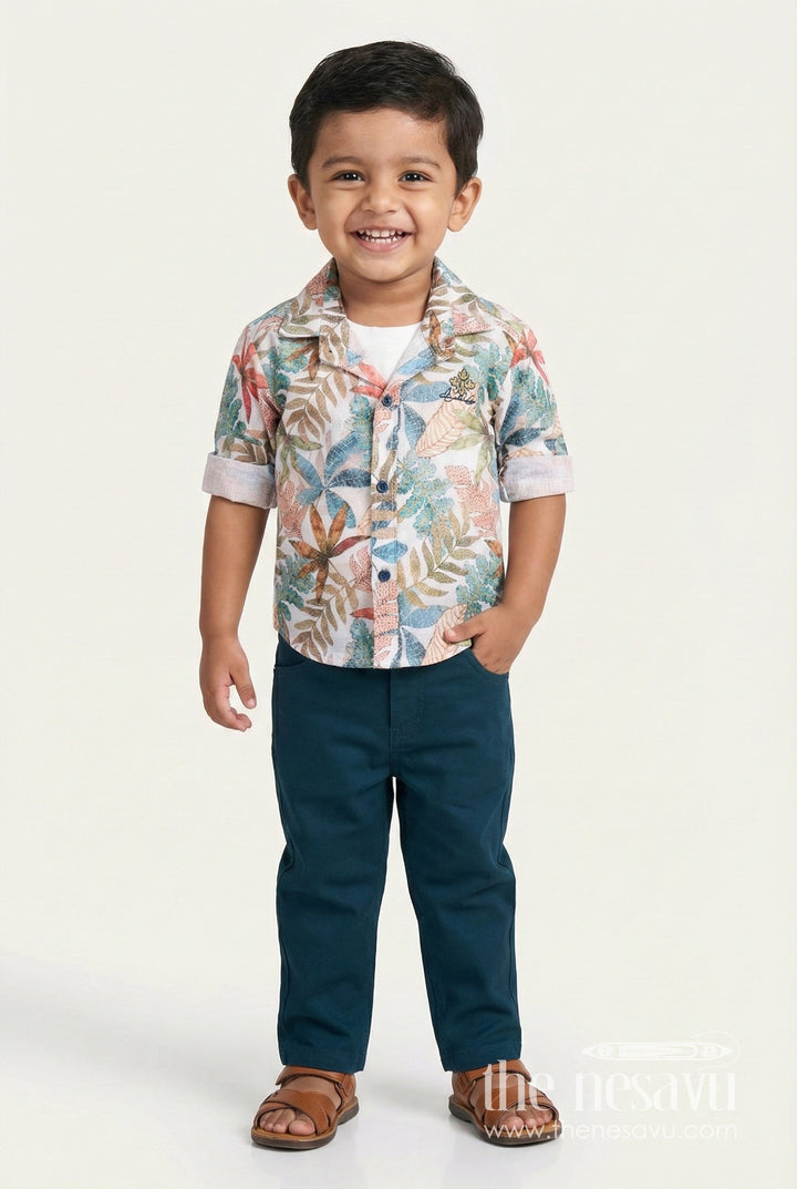 The Nesavu Boys Casual Set Toddler Boys Casual Set with Printed Shirt and T-Shirt Combo Nesavu 16 (1Y) / Blue BCS470A-16 Nesavu toddler boys casual outfit printed cotton shirt t-shirt set daily wear