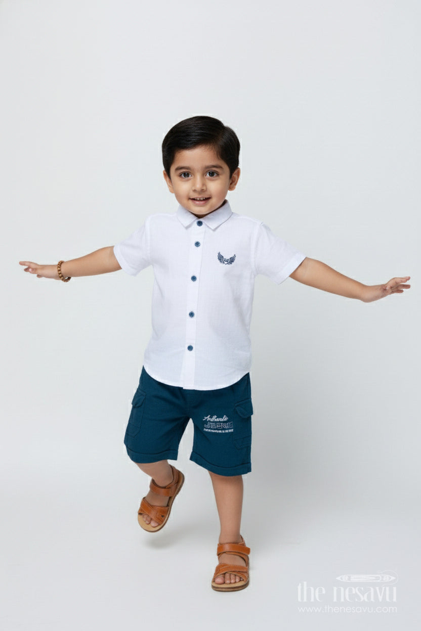 The Nesavu Boys Casual Set Toddler Boys Casual Shirt and Shorts Set for Everyday Comfort Nesavu 14 (6M) / Blue BCS501A-14 Nesavu toddler boys cotton casual set daycare playtime everyday wear