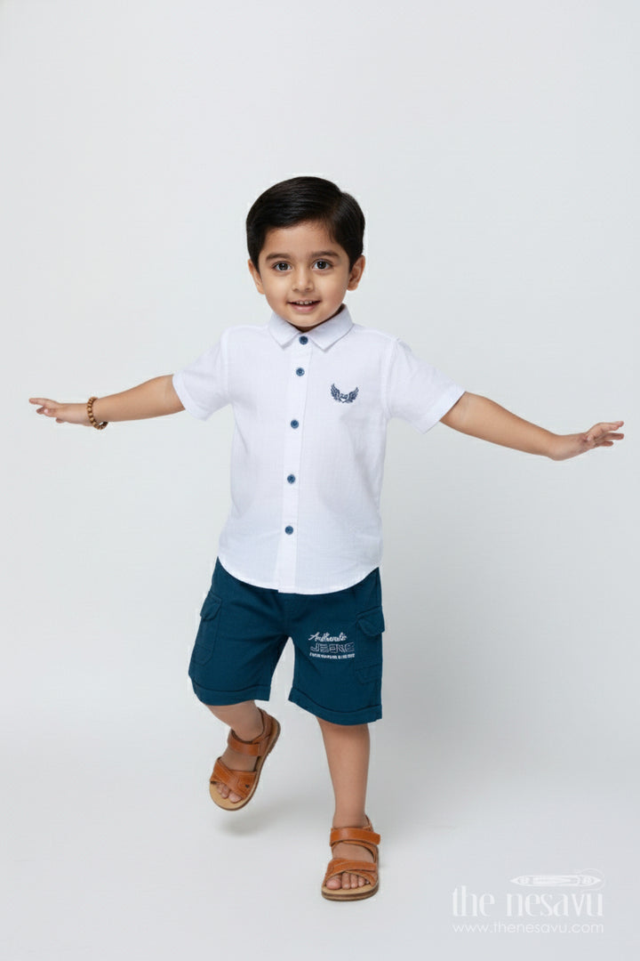 The Nesavu Boys Casual Set Toddler Boys Casual Shirt and Shorts Set for Everyday Comfort Nesavu 14 (6M) / Blue BCS501A-14 Nesavu toddler boys cotton casual set daycare playtime everyday wear