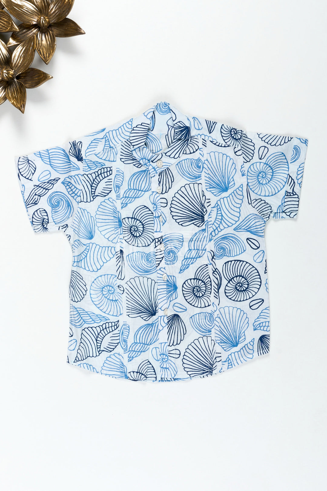 The Nesavu Boys Cotton Shirt Toddler Boys Casual Shirt for Day Events with Blue Nautical Shell Print On Soft Cotton Nesavu 16 (1Y) / Blue BS267A-16 Nesavu Toddler Boys Casual Cotton Shirt Navy Blue Shell Digital Print Daytime Wear