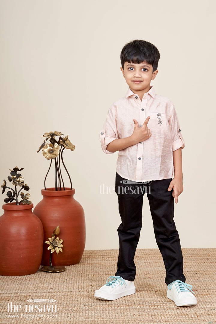 The Nesavu Boys Casual Set Toddler boys cotton blend shirt and pant set for casual outings Nesavu 16 (1Y) / Peach BCS399B-16 Nesavu toddler boys casual shirt and pant set in beige and black perfect for parties and everyday wear
