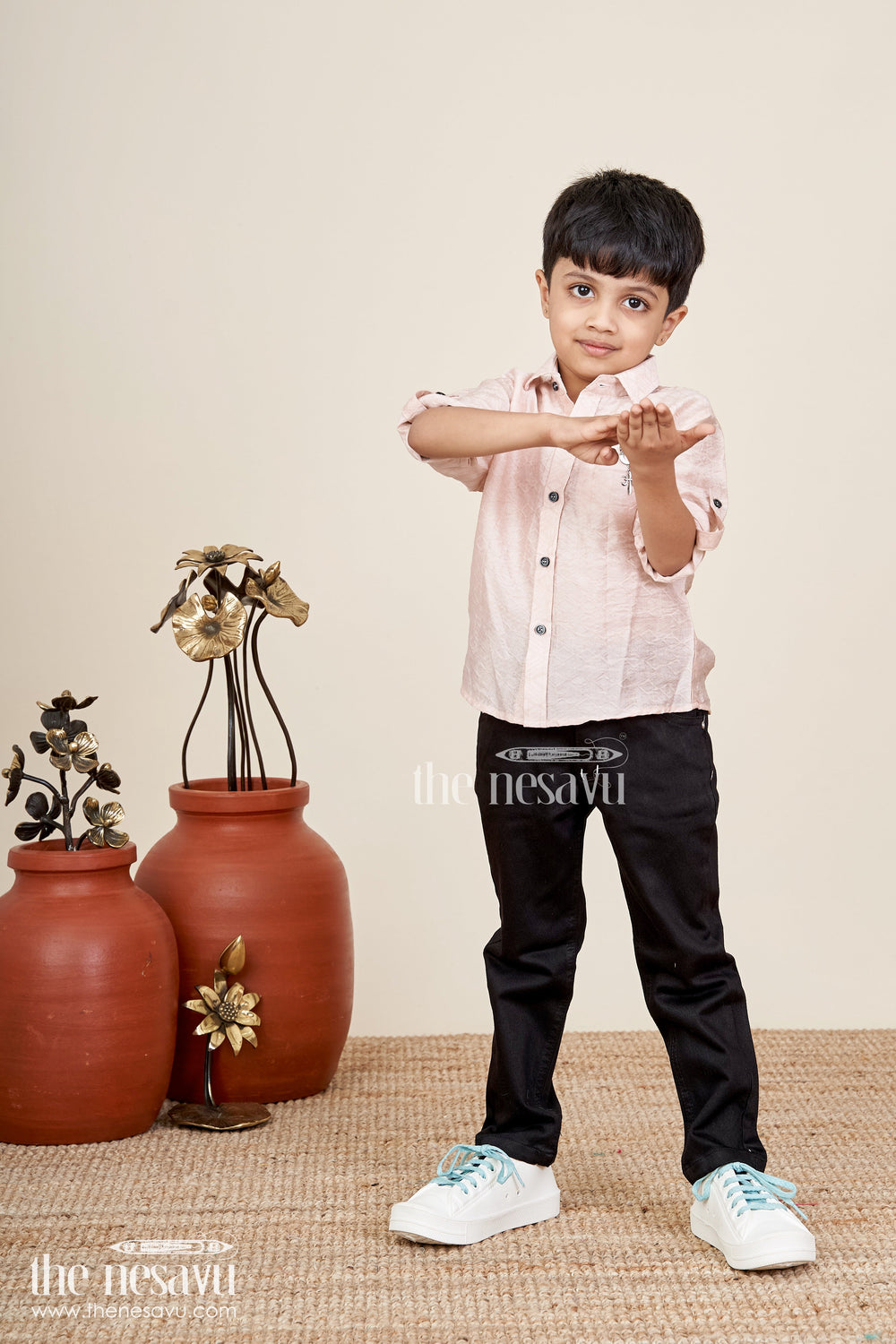 The Nesavu Boys Casual Set Toddler boys cotton blend shirt and pant set for casual outings Nesavu Nesavu toddler boys casual shirt and pant set in beige and black perfect for parties and everyday wear