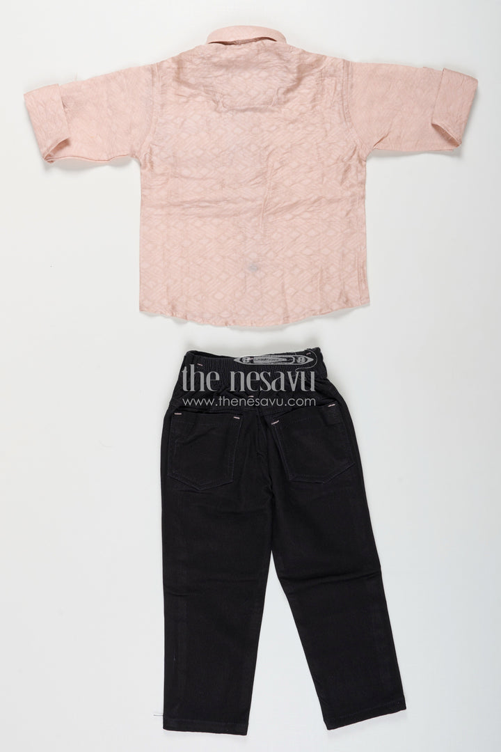 The Nesavu Boys Casual Set Toddler boys cotton blend shirt and pant set for casual outings Nesavu Nesavu toddler boys casual shirt and pant set in beige and black perfect for parties and everyday wear