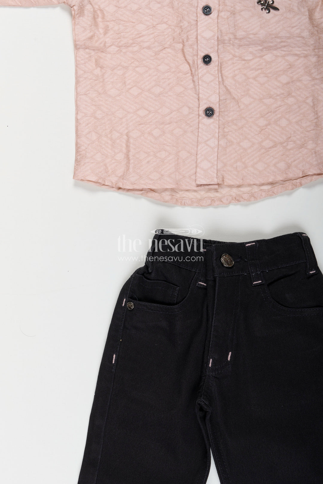 The Nesavu Boys Casual Set Toddler boys cotton blend shirt and pant set for casual outings Nesavu Nesavu toddler boys casual shirt and pant set in beige and black perfect for parties and everyday wear