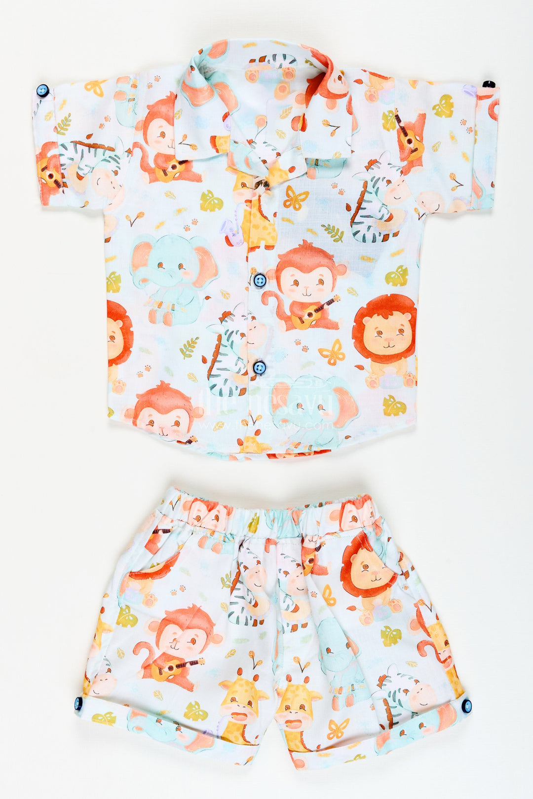 The Nesavu Boys Casual Set Toddler Boys Cotton Co-Ord Set with Jungle Animal Print for Playtime and Outings Nesavu 12 (3M) / Blue BCS343A-12 Nesavu jungle animal print cotton co-ord set toddler boys  perfect casual play days