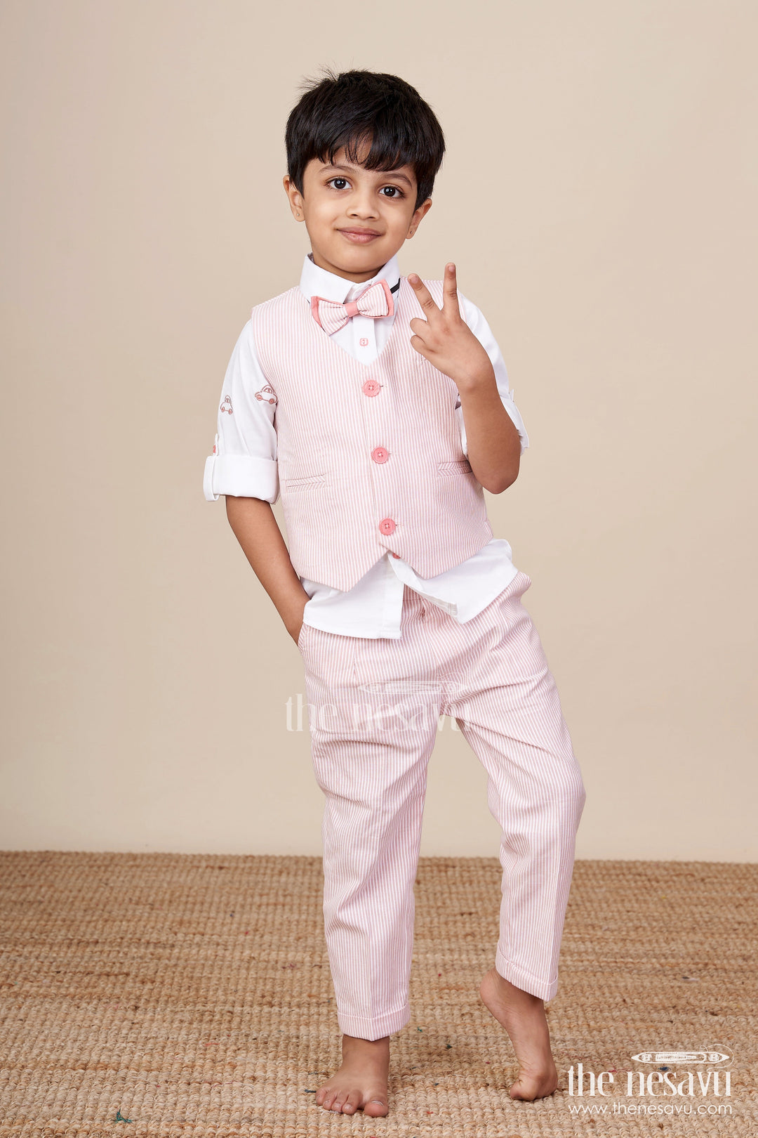 The Nesavu Boys Casual Set Toddler Boys Cotton Jacket Set with Pink Striped Design Nesavu 16 (1Y) / Pink BCS417A-16 Nesavu toddler boys cotton casual set pink striped jacket everyday smart wear