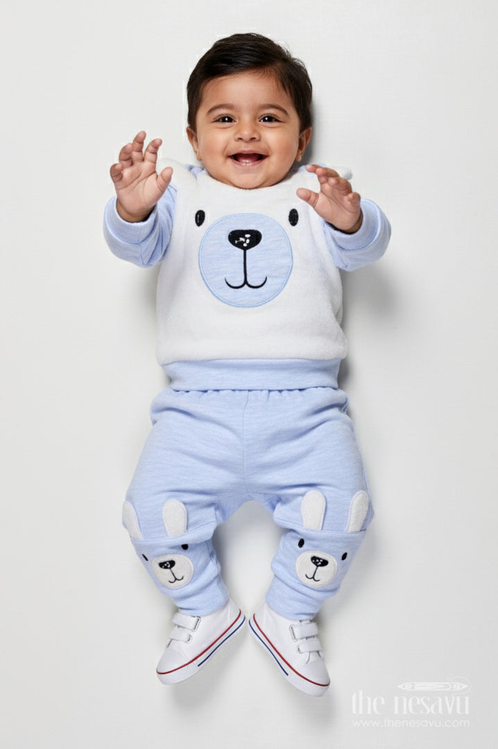 The Nesavu Boys Casual Set Toddler Boys Cotton Jogger Set with Bear Print for Cozy Daily Wear Nesavu 12 (3M) / Blue BCS521B-12 Nesavu boys cotton jogger set bear print toddlers  perfect cozy days casual play