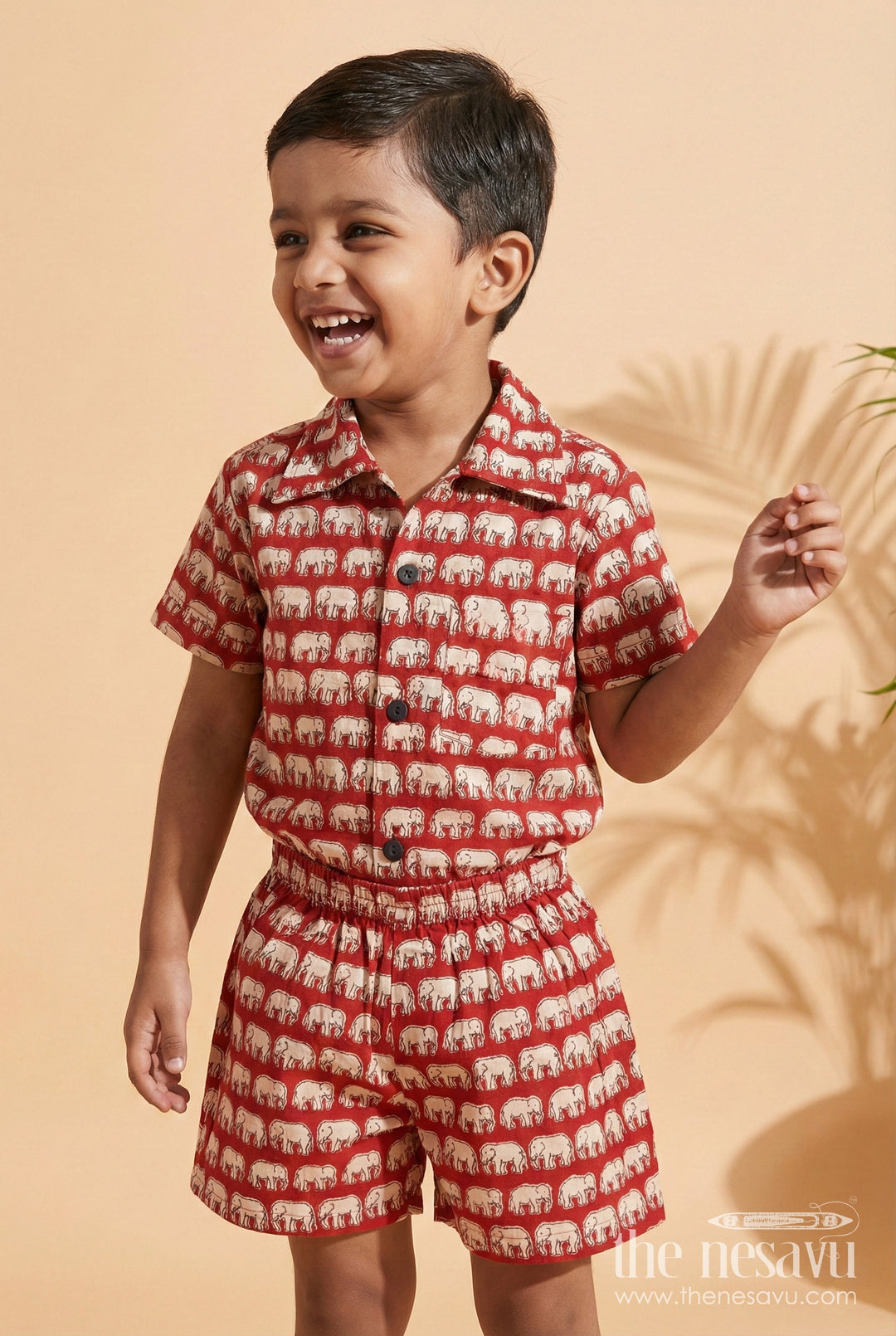 The Nesavu Boys Casual Set Toddler Boys Cotton Set with Elephant Print for Casual Outings Nesavu 16 (1Y) / Maroon BCS549B-16 Nesavu toddler boys cotton outfit with elephant digital print – perfect for comfort and play