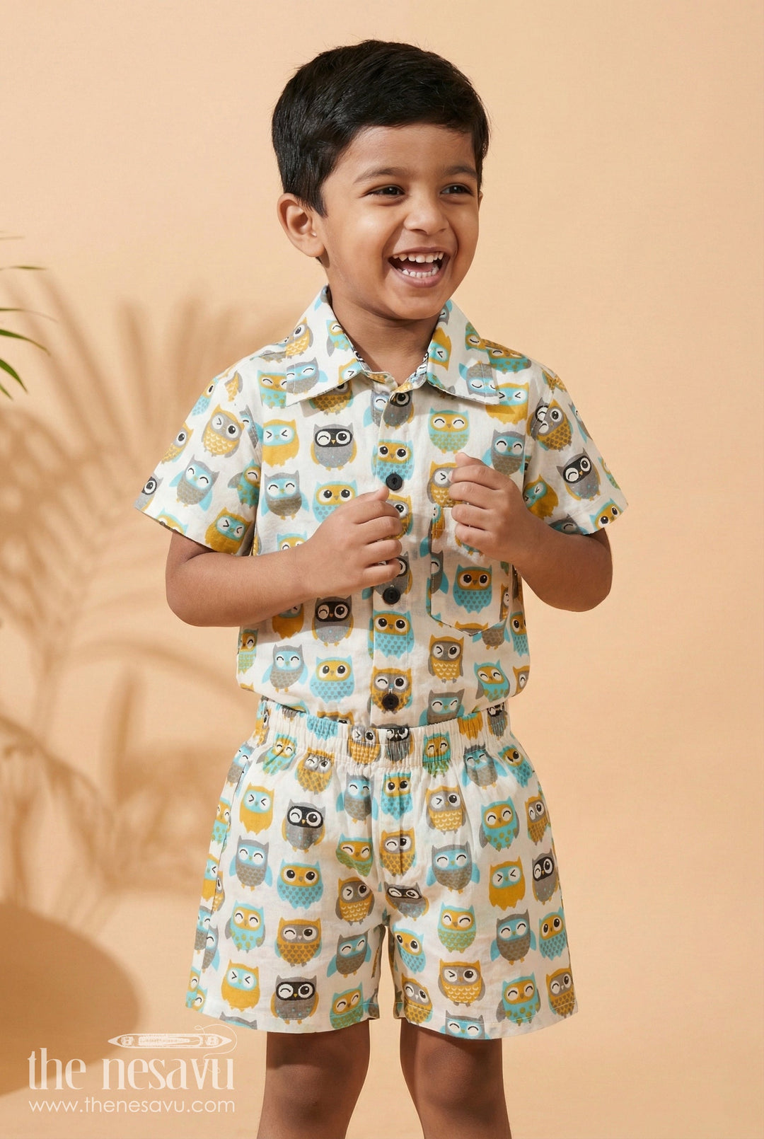 The Nesavu Boys Casual Set Toddler Boys Cotton Set with Owl Print for Everyday Wear Nesavu 16 (1Y) / Multicolor BCS547B-16 Nesavu cotton casual outfit for toddler boys with fun owl print – soft and playful daily wear