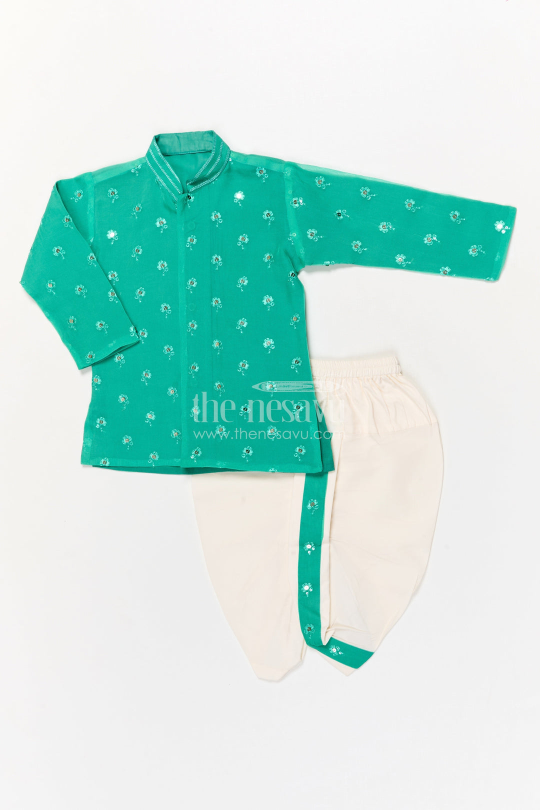 The Nesavu Boys Dothi Set Toddler Boys Dhoti Set for Festive and Traditional Functions Nesavu 10 (NB) / Green BES778D-10 Nesavu toddler boys green silk organza dhoti set with sequin embroidery for festive wear
