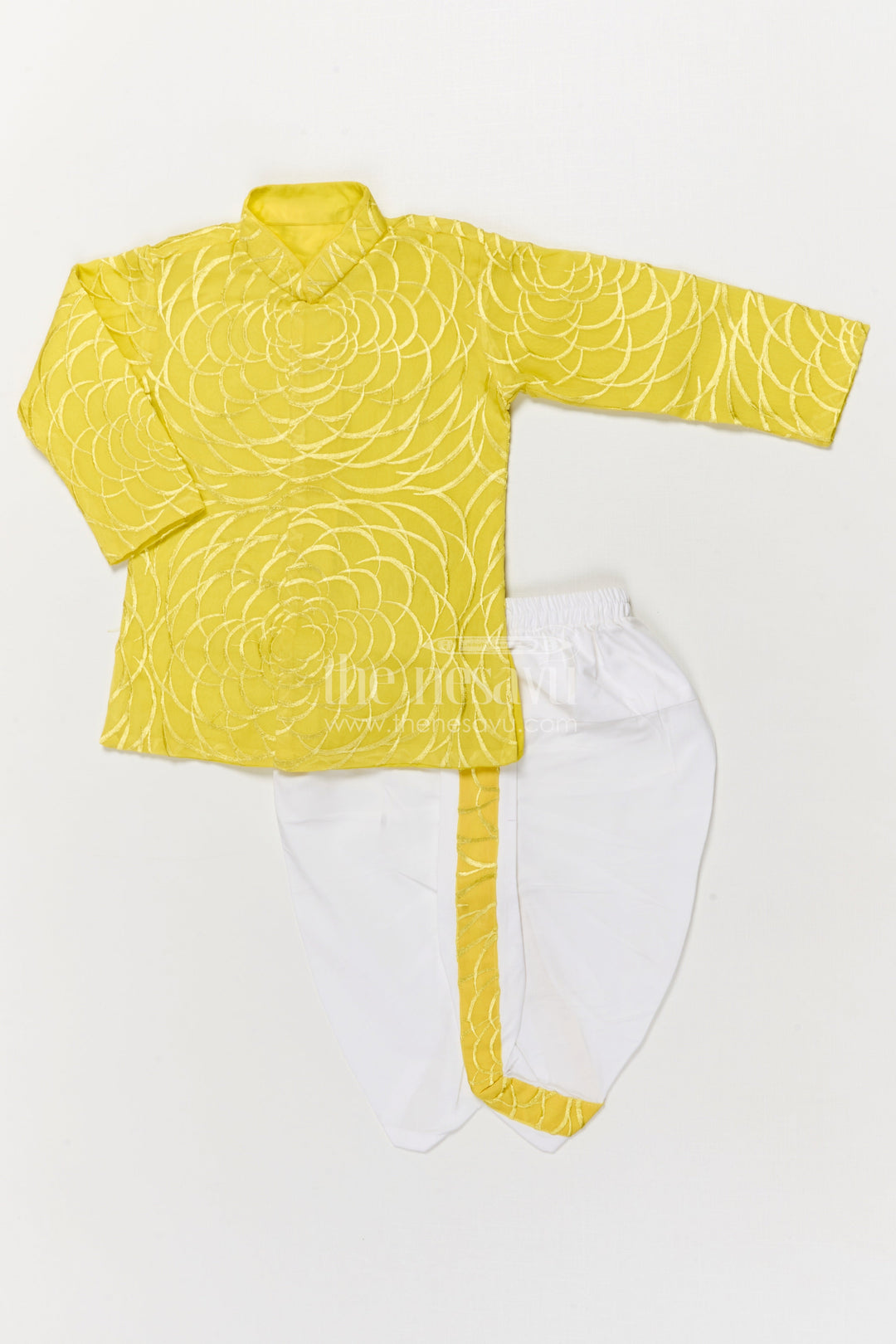 The Nesavu Boys Dothi Set Toddler Boys Dhoti Set for Festive Ceremonies and School Ethnic Days Nesavu 16 (1Y) / Yellow / Silk Blend BES766A-16 Nesavu toddler boys blend silk dhoti set with thread embroidery for festive ethnic wear