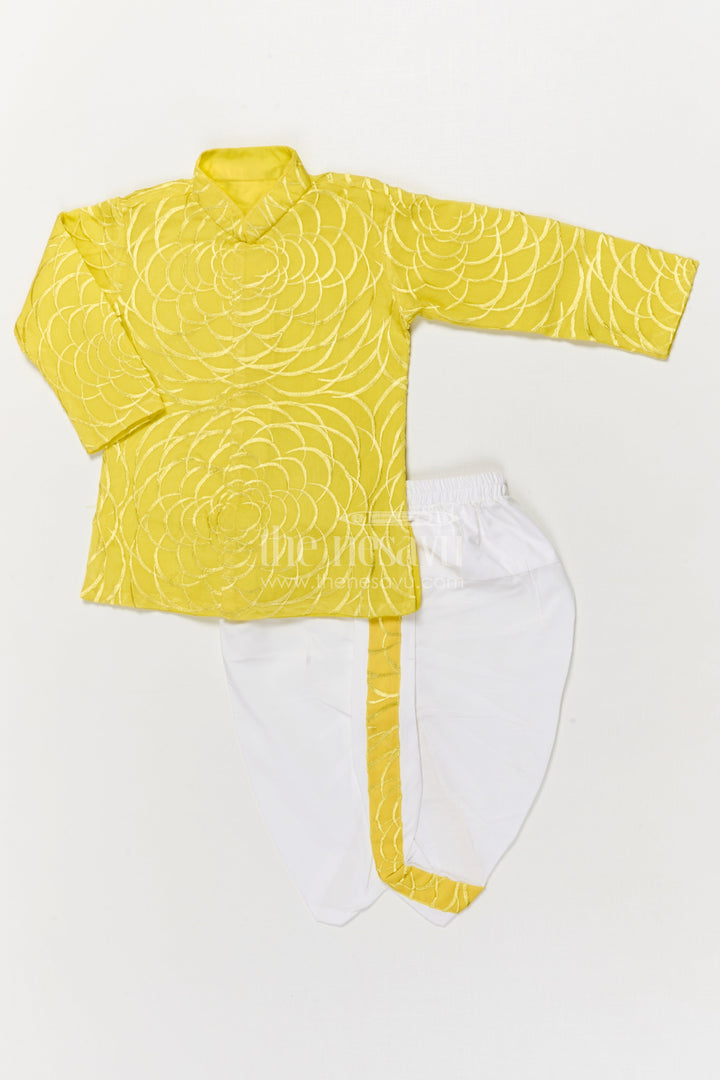 The Nesavu Boys Dothi Set Toddler Boys Dhoti Set for Festive Ceremonies and School Ethnic Days Nesavu 16 (1Y) / Yellow / Silk Blend BES766A-16 Nesavu toddler boys blend silk dhoti set with thread embroidery for festive ethnic wear