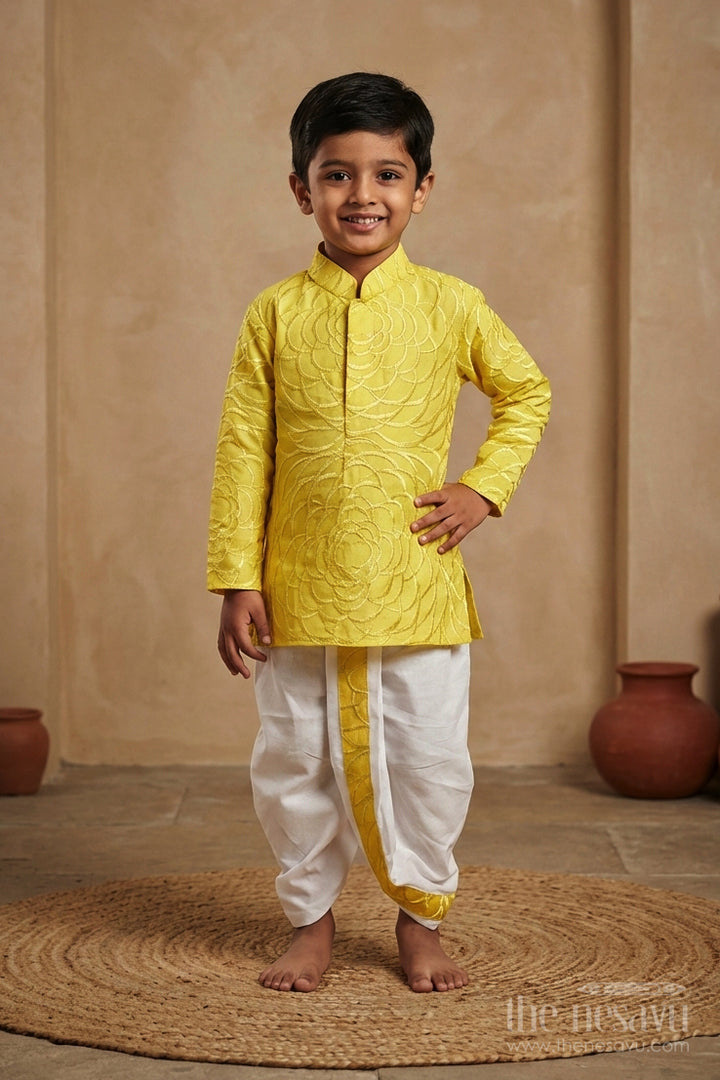 The Nesavu Boys Dothi Set Toddler Boys Dhoti Set for Festive Ceremonies and School Ethnic Days Nesavu Nesavu toddler boys blend silk dhoti set with thread embroidery for festive ethnic wear