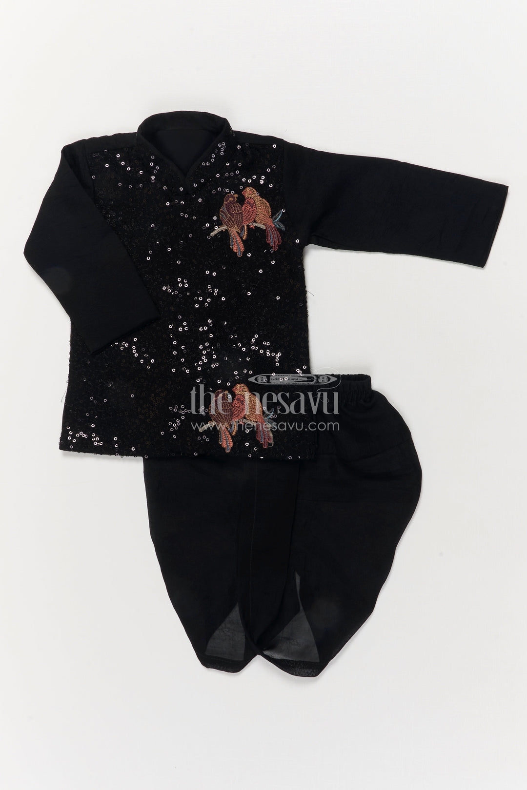 The Nesavu Boys Dothi Set Toddler Boys Dhoti Set for Festive Events and Stage Performances Nesavu 10 (NB) / Black / Georgette BES944A-10 Nesavu toddler boys dhoti set with sequin and bird embroidery for festive and stage occasions