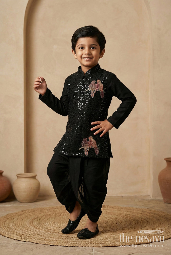 The Nesavu Boys Dothi Set Toddler Boys Dhoti Set for Festive Events and Stage Performances Nesavu 10 (NB) / Black / Georgette BES944A-10 Nesavu toddler boys dhoti set with sequin and bird embroidery for festive and stage occasions